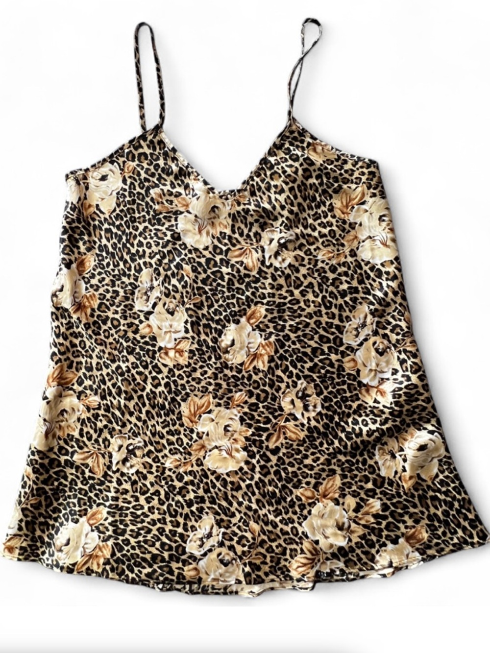 Kristine Tyler Black & Gold Leopard Floral Print Satin Cami Slip Top Size Large